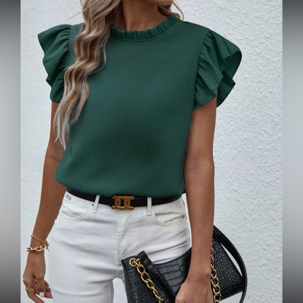 Green butterfly sleeve ruffle blouse